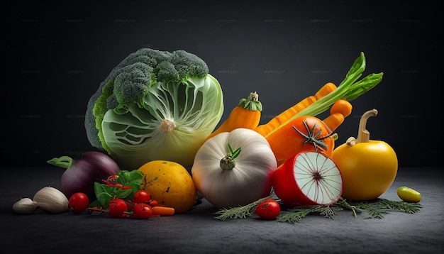 A variety of vegetables are on a black table