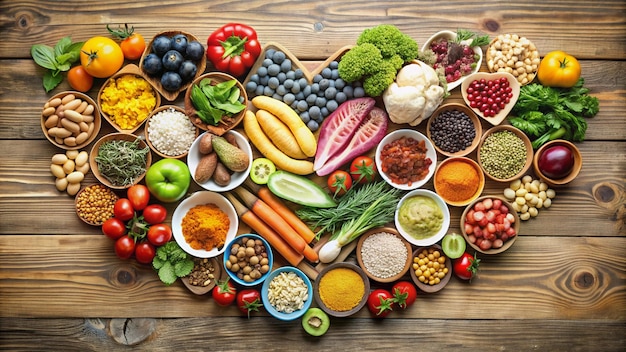 Photo a variety of vegetables are on a table with a heart shaped bowl of vegetables