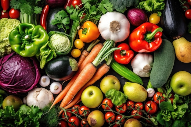 A variety of vegetables including a carrot, zucchini, red peppers, and a green apple.