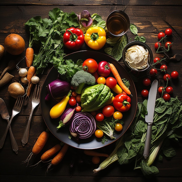 Variety of Vegetables Laid Out Around a White Plate with Copy Space