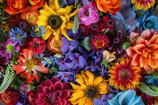 Photo a variety of vibrant flowers in different colors are displayed on a table creating a beautiful and lively scene