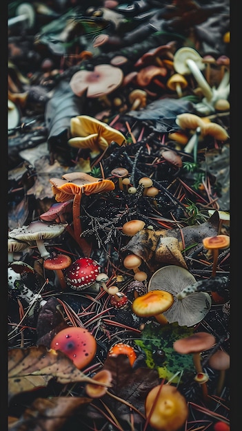 A variety of vivid and colorful mushrooms growing in a forest illustrating the richness