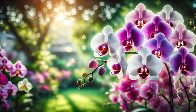 Photo variety of white pink and purple phalaenopsis orchids with green garden background