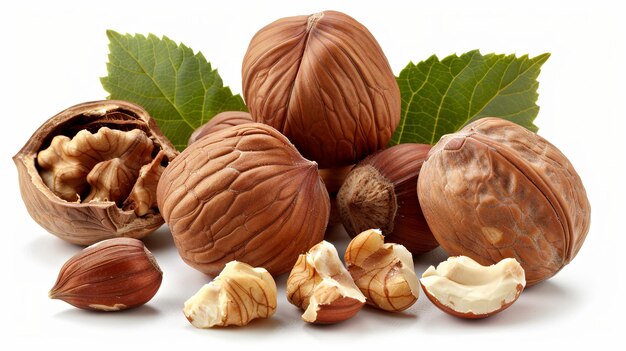 Variety of whole and cracked walnuts with green leaves