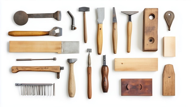 Photo a variety of woodworking tools displayed on a white background featuring hand tools measuring instruments and carpentry accessories