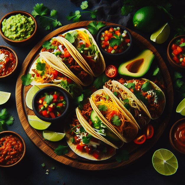 a variety of yummy tacos and accompanying sides beautifully arranged on a round wooden platter