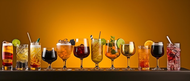 various alcoholic beverages on a yellow background