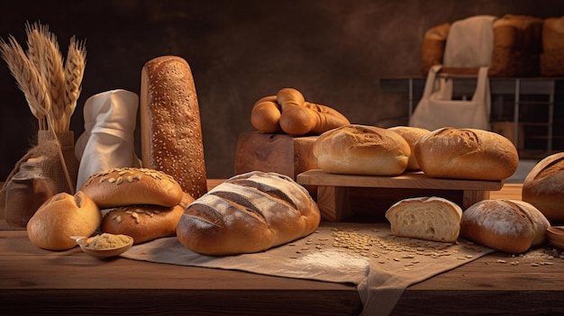 Various bakery products on a wooden table in a bakery