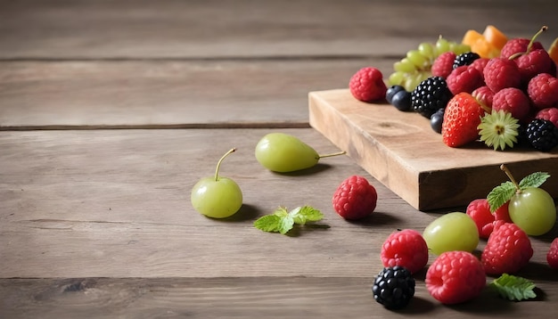 Various berries and fruits scattered on a wooden surface