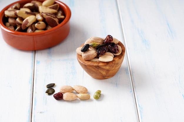 Various of berry, nuts and seeds in a wooden bowl on a light wooden table.