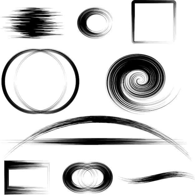 Various black shapes and lines on a white isolated background