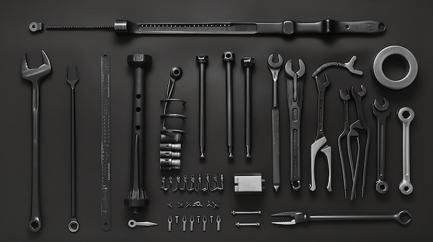 Various black tools arranged on a black background