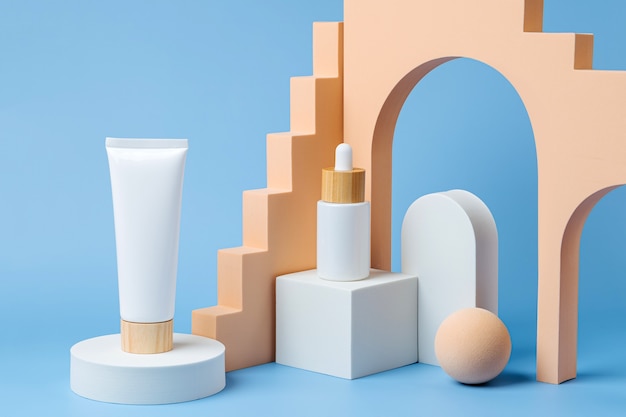 Various blank cosmetic container mock-ups on podiums and geometrical forms