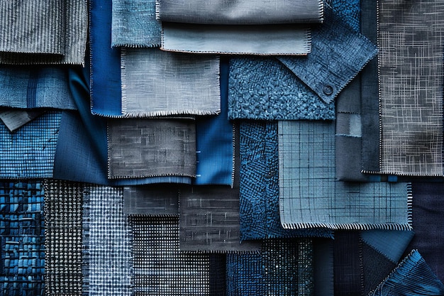 Various blue fabrics stacked on top of each other