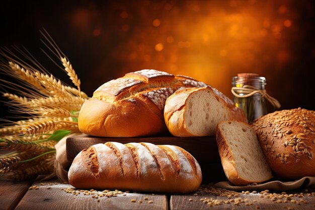 Various bread displayed on a wooden table