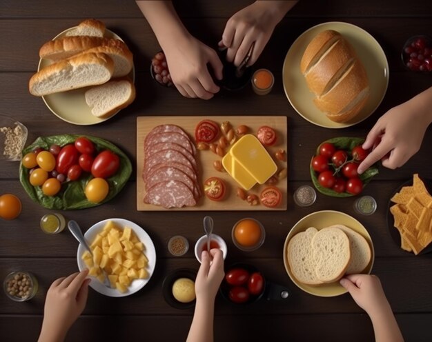 Photo various bread flat lay top view concept with hand