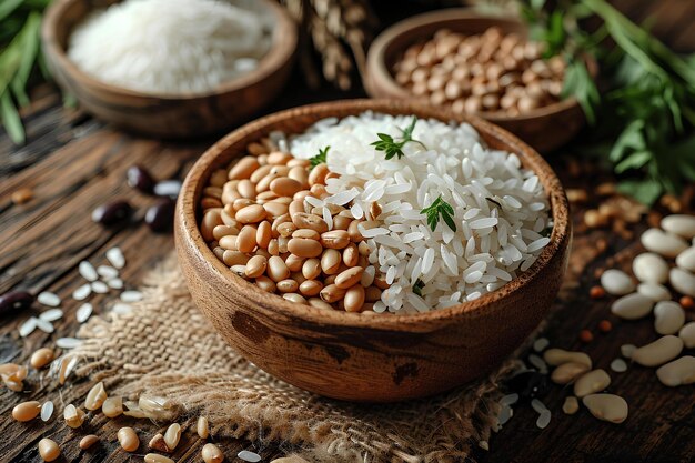 Various brown and white beans are sitting in jars on a table