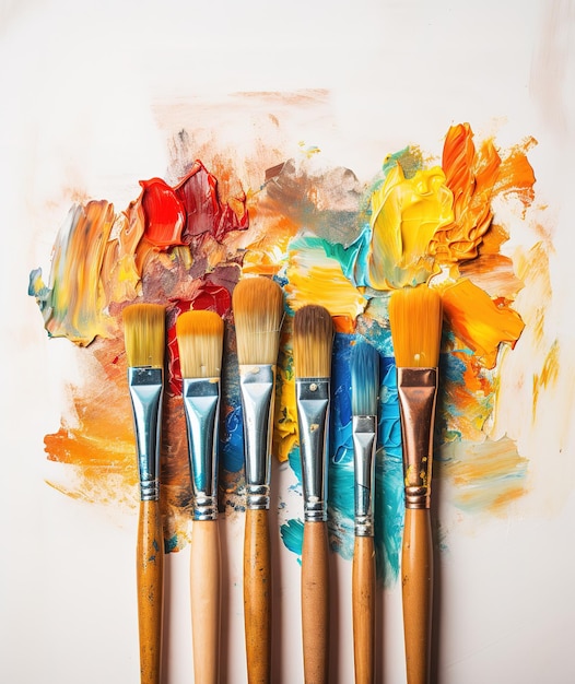 Various brushes with paints strokes of paint bright paints