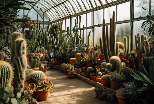 Various cactus in a conservatory glasshouse