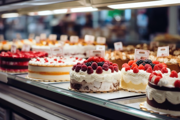 Various cakes in a shop window for sale