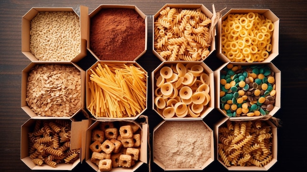 Various canned food pasta and cereals in a cardboard