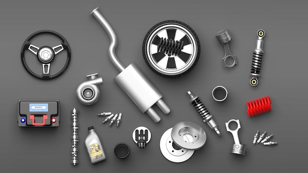 Various car parts and accessories on grey background 3d illustration