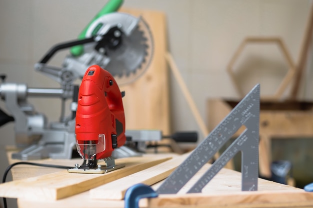 Various carpenter tools on workshop table