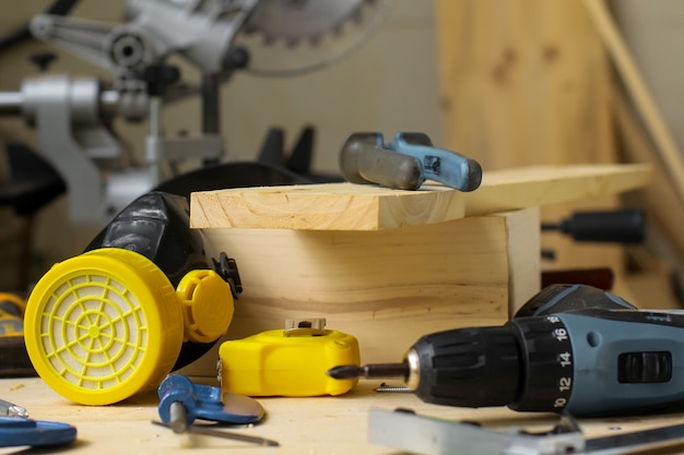 Various carpenter tools on workshop table