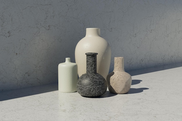 Various ceramic vases decor on concrete table 3d render