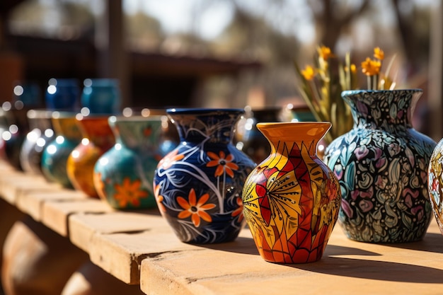 Various ceramic vases lined up in a row on wood table