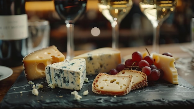 Various cheese on board red and white wine With copy space Generative AI