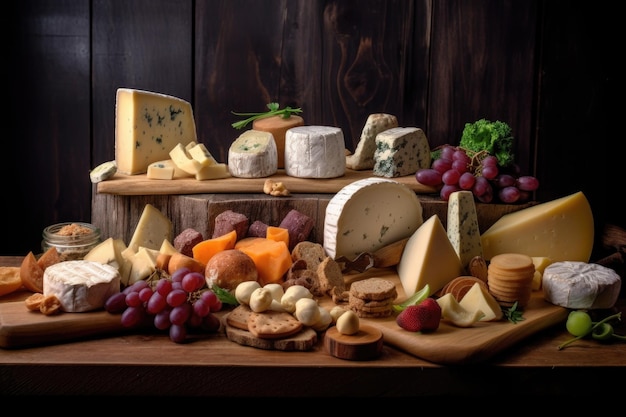 Various cheese types arranged artfully on a wooden board created with generative ai