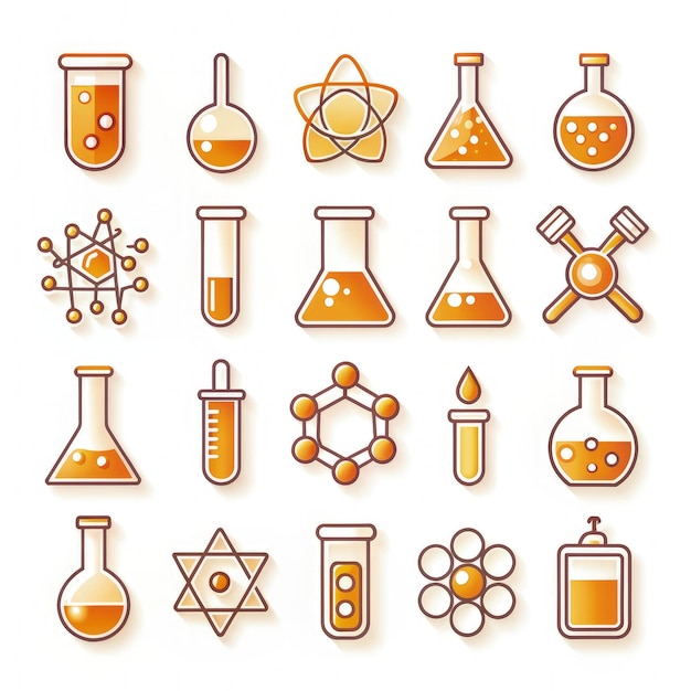 Photo various chemical icons displaying laboratory equipment and structures in orange and milky colors