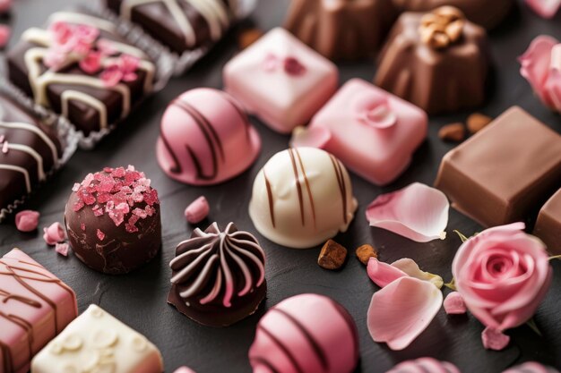 Photo various chocolates displayed on table a mix of flavors and types