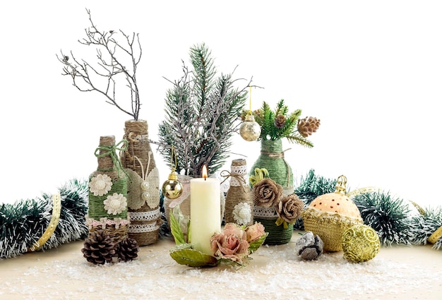 Various Christmas decorations on the table closeup