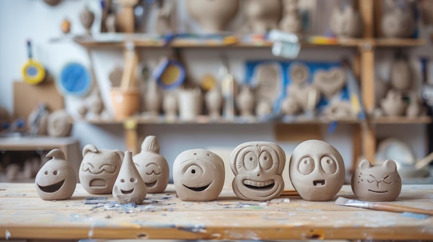 Various clay sculptures of animated faces on worktable in arts studio