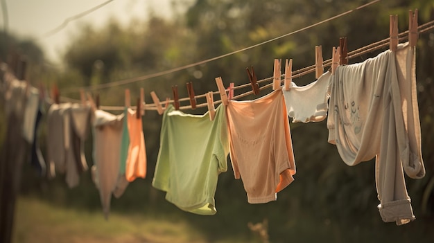 Various clean colored things dry on a clothesline against the background of the street AI generated