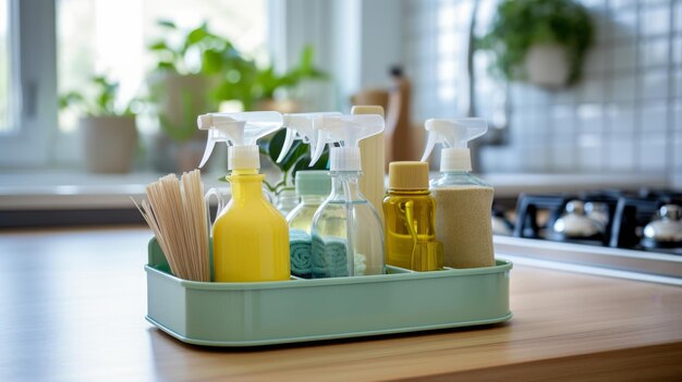 Photo various cleaning products neatly arranged on a kitchen counter