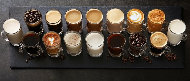 Photo various coffee drinks and espresso shots arranged on slate