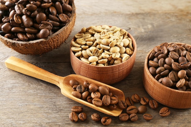 Various of coffee in small dishes on wooden background