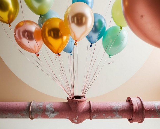 Photo various color balloons floating out from pink pipe ai generated