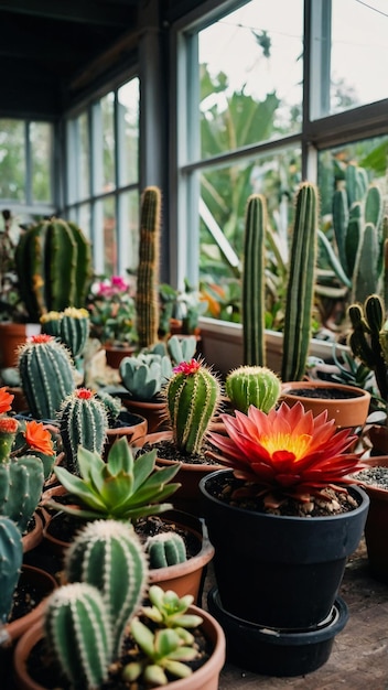 Various colored cacti plants in a greenhouse Various cacti on the shelf in the store