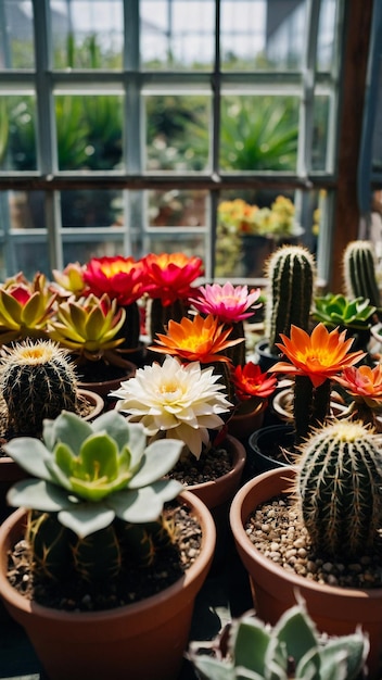 Various colored cacti plants in a greenhouse Various cacti on the shelf in the store