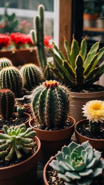 Various colored cacti plants in a greenhouse Various cacti on the shelf in the store