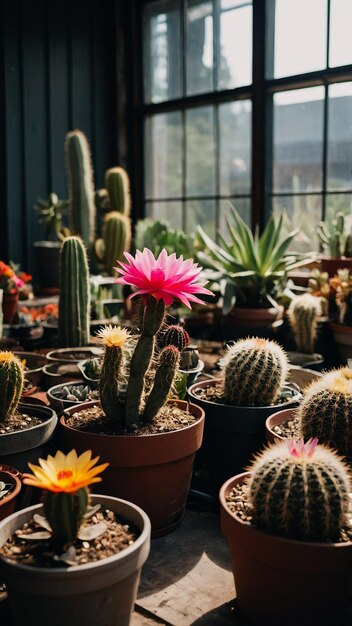 Various colored cacti plants in a greenhouse Various cacti on the shelf in the store