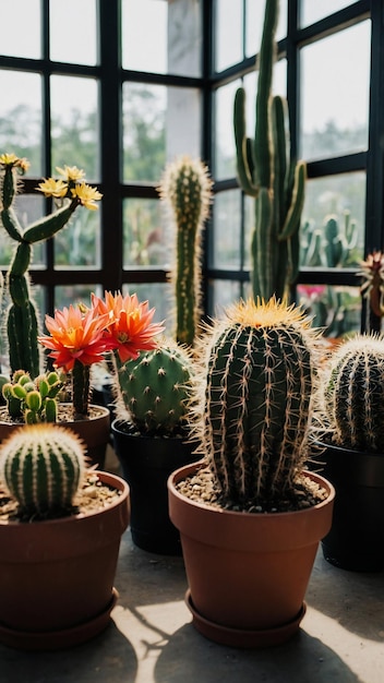 Various colored cacti plants in a greenhouse Various cacti on the shelf in the store