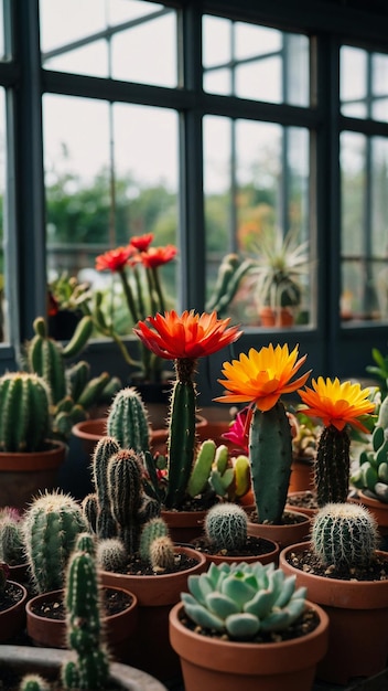 Various colored cacti plants in a greenhouse Various cacti on the shelf in the store