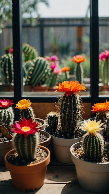 Various colored cacti plants in a greenhouse Various cacti on the shelf in the store