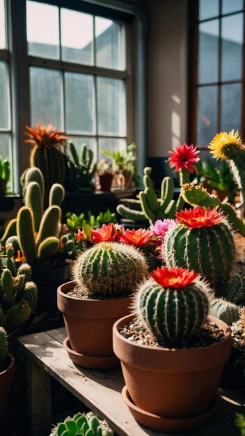 Various colored cacti plants in a greenhouse Various cacti on the shelf in the store