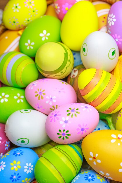 Various colored painted easter eggs, top view